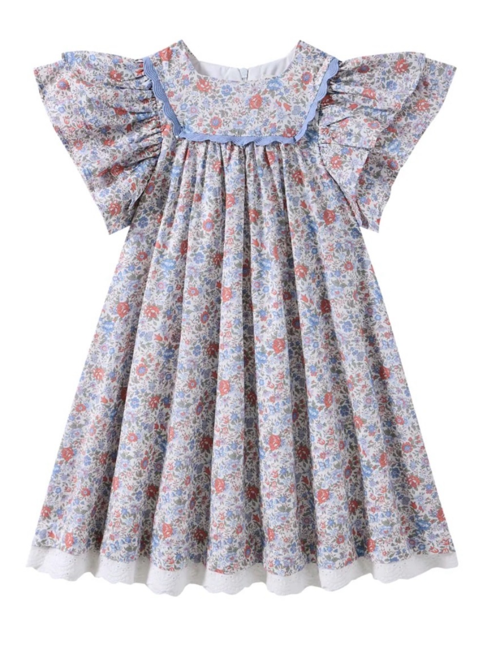 Girls Limonana Floral Puff Sleeve Dress in Blue and peach